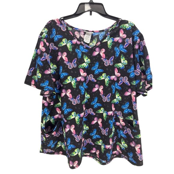 Scrub Star Women's 3XL Butterfly Print Scrub Top Pockets Stretch Nurse Top - Picture 1 of 5